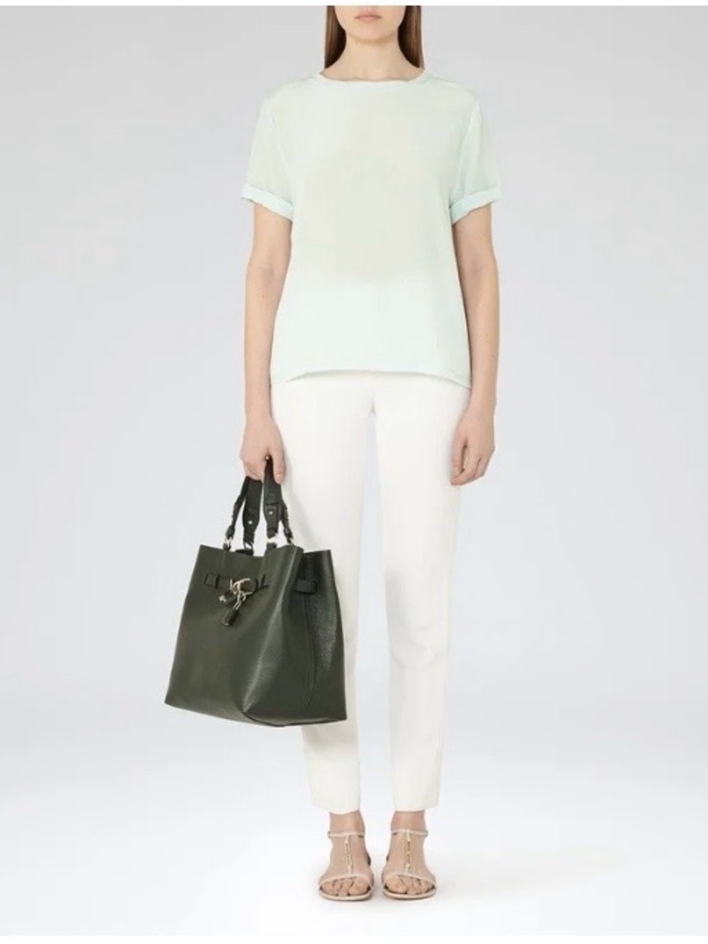 REISS Silk Front Greer T-Shirt in Mint Green Size M
